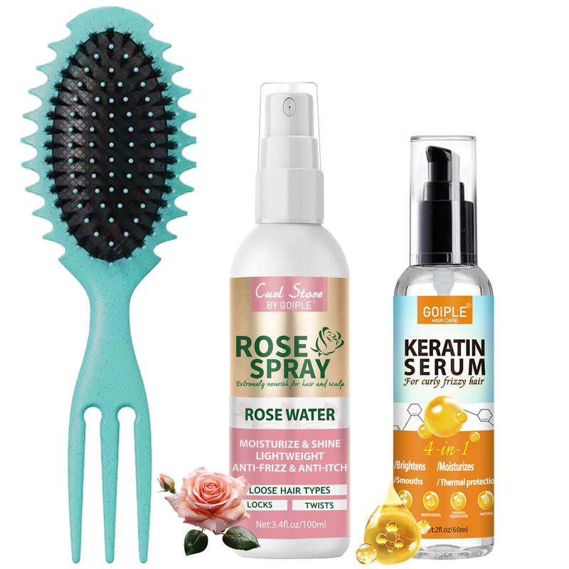 Ultimate Hair Care Duo: Rosewater Spray & Keratin Serum for Frizz-Free Curls + Curl Defining Brush