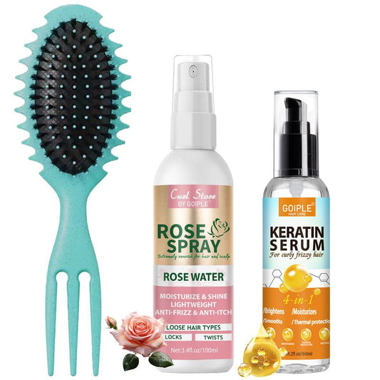 Ultimate Hair Care Duo: Rosewater Spray & Keratin Serum for Frizz-Free Curls + Curl Defining Brush