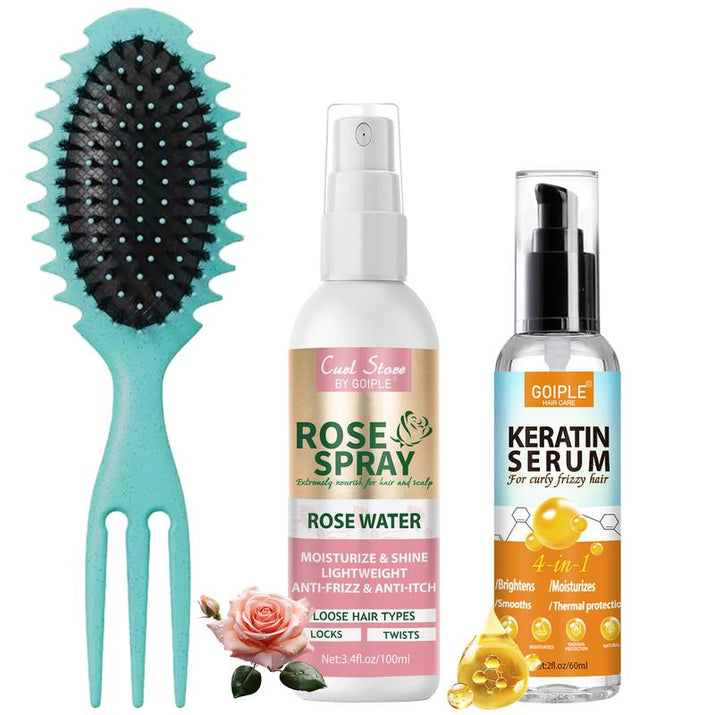 Ultimate Hair Care Duo: Rosewater Spray & Keratin Serum for Frizz-Free Curls + Curl Defining Brush