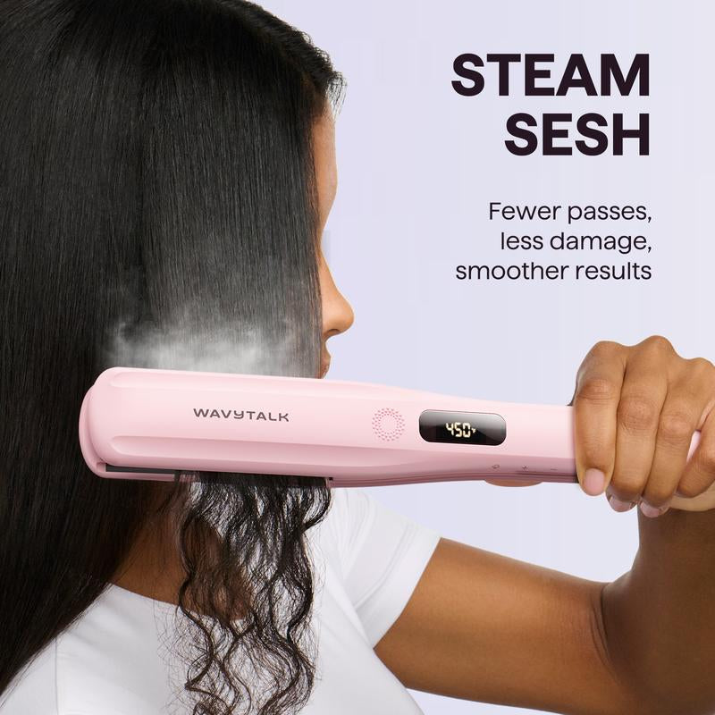 Wavytalk Nano-Titanium Steam Sesh Hair Straightener Brush - Achieve Frizz-Free, Shiny Hair with Detachable Comb & 1.38'' Wide Plate