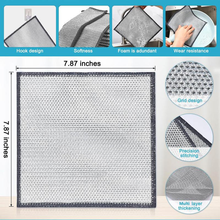 Multipurpose Non-Scratch Wire Dishcloths - Set of 10, Double-Layered, Reusable, Washable & Durable Cleaning Cloths for Wet and Dry Use on Sinks, Pans, and Dishes