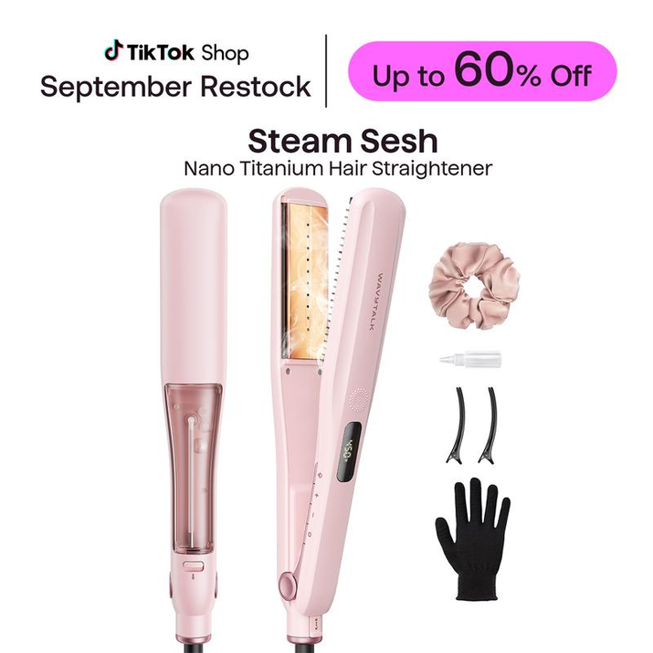 Wavytalk Nano-Titanium Steam Sesh Hair Straightener Brush - Achieve Frizz-Free, Shiny Hair with Detachable Comb & 1.38'' Wide Plate