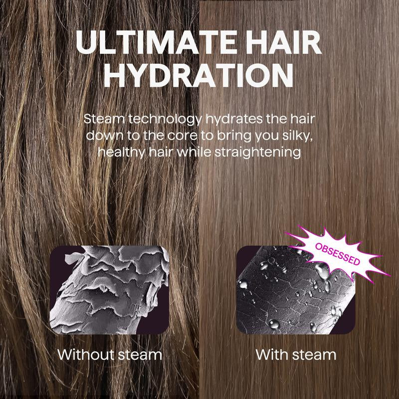 Wavytalk Nano-Titanium Steam Sesh Hair Straightener Brush - Achieve Frizz-Free, Shiny Hair with Detachable Comb & 1.38'' Wide Plate