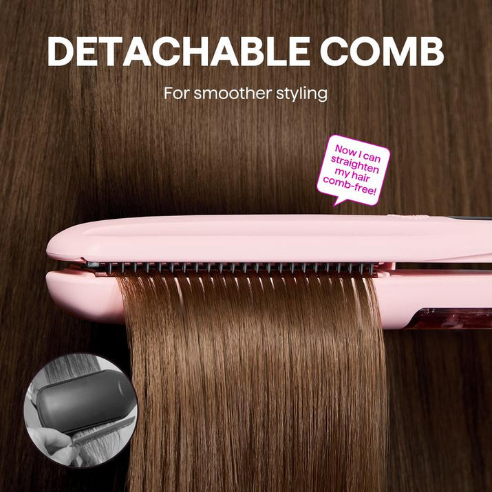 Wavytalk Nano-Titanium Steam Sesh Hair Straightener Brush - Achieve Frizz-Free, Shiny Hair with Detachable Comb & 1.38'' Wide Plate