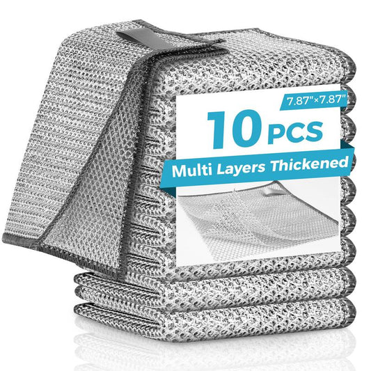Multipurpose Non-Scratch Wire Dishcloths - Set of 10, Double-Layered, Reusable, Washable & Durable Cleaning Cloths for Wet and Dry Use on Sinks, Pans, and Dishes